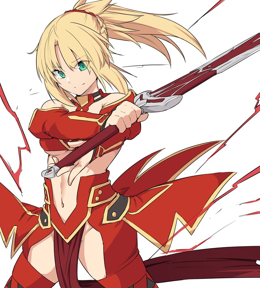 1girl bare_shoulders blonde_hair braid breasts commentary_request energy eyebrows_visible_through_hair fate/grand_order fate_(series) green_eyes hair_ornament hair_scrunchie holding holding_sword holding_weapon long_hair looking_at_viewer mordred_(fate) mordred_(fate)_(all) navel ponytail red_scrunchie scrunchie shiseki_hirame simple_background smile solo sword weapon white_background