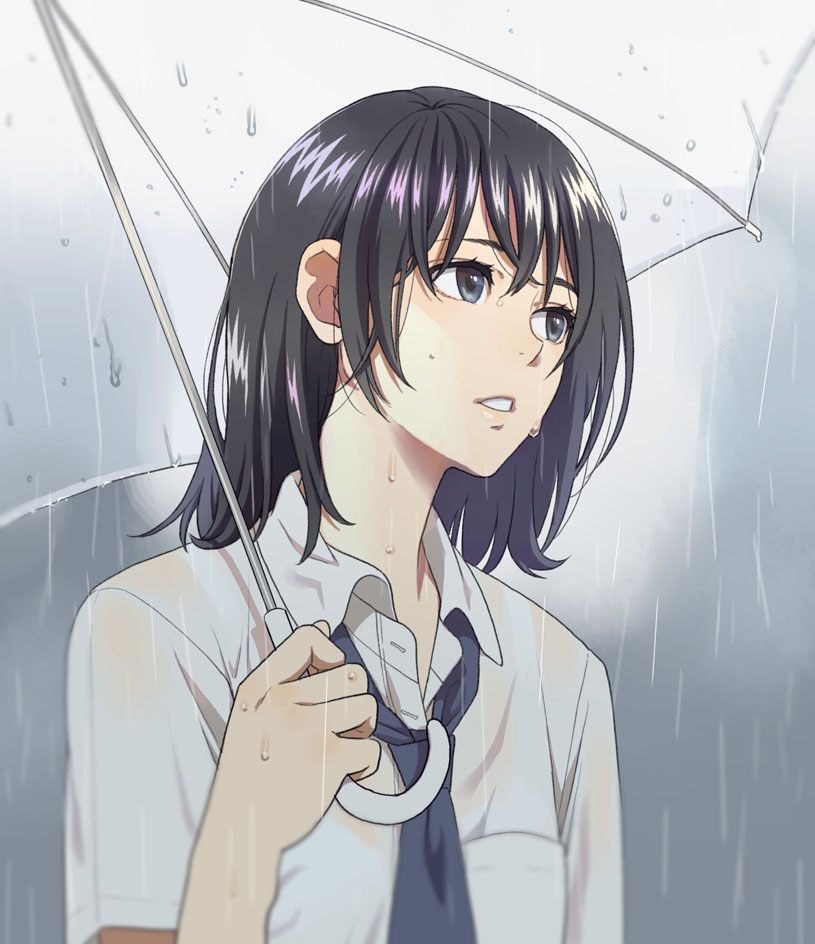 1girl bangs black_hair blurry blurry_background collared_shirt depth_of_field eyebrows_behind_hair grey_eyes hand_up holding holding_umbrella looking_away mattaku_mousuke original parted_lips rain see-through shirt short_sleeves solo transparent transparent_umbrella umbrella wet wet_clothes wet_shirt white_shirt