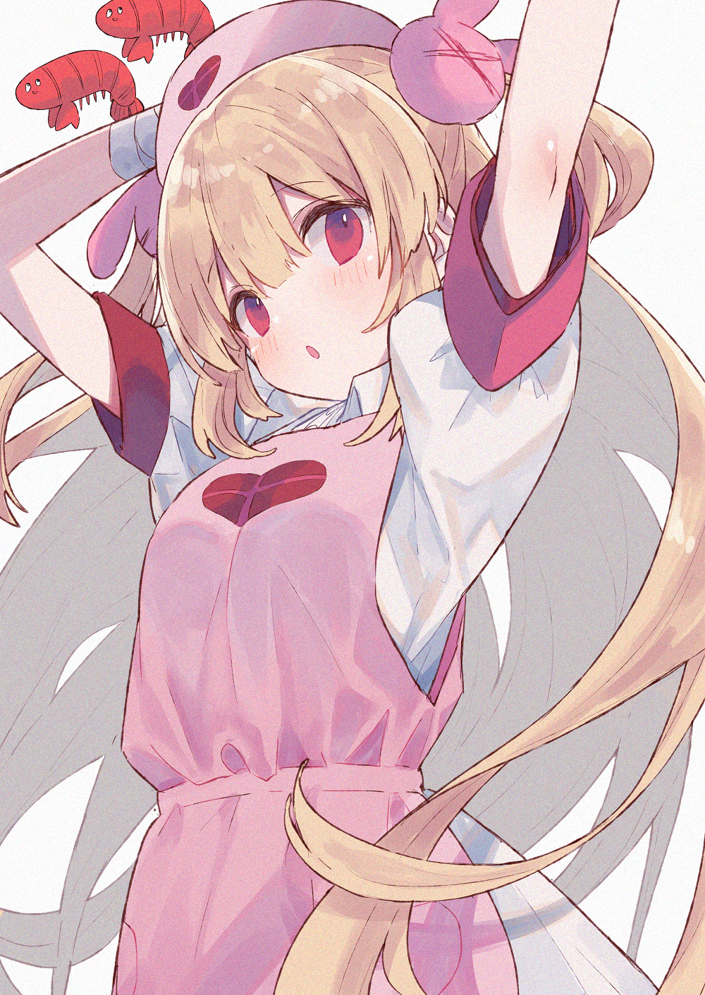 &gt;_&lt; 1girl animal apron armband arms_up bandaged_arm bandages blonde_hair blush breasts bunny_hair_ornament grey_background hair_ornament hat highres long_hair mimelond natori_sana nurse_cap pink_apron pink_headwear puffy_short_sleeves puffy_sleeves sana_channel shirt short_sleeves shrimp simple_background skirt small_breasts solo two_side_up very_long_hair virtual_youtuber white_shirt white_skirt