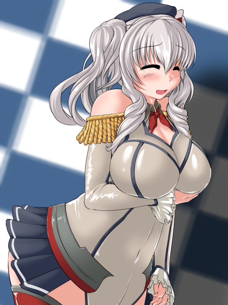 1girl ^_^ bare_shoulders beret black_headwear blush breasts buttons closed_eyes covered_navel curvy elbow_gloves epaulettes frilled_sleeves frills gloves hat jini_ya1 kantai_collection kashima_(kantai_collection) large_breasts military military_uniform open_mouth plump remodel_(kantai_collection) sidelocks silver_hair smile solo taimanin_(series) taimanin_suit thigh-highs twintails uniform wavy_hair
