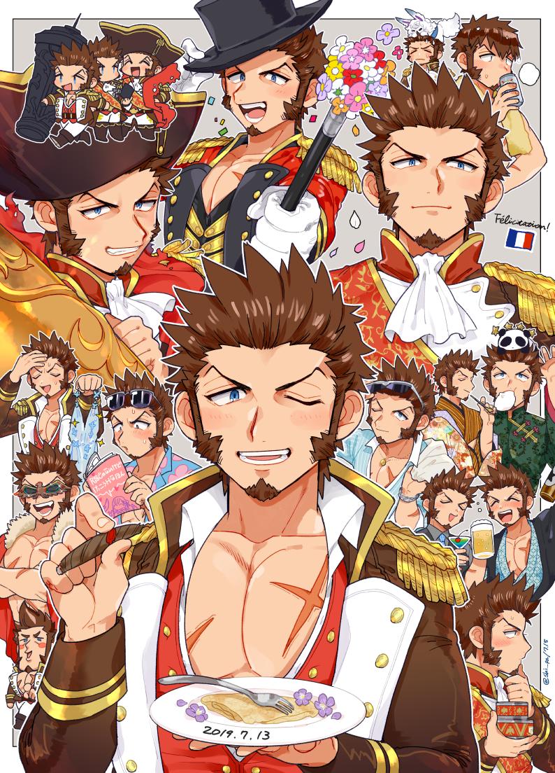 1boy beard blue_eyes blush brown_hair chest chibi chinese_clothes cigar closed_eyes cup dress eating epaulettes facial_hair fate/grand_order fate_(series) flower fou_(fate/grand_order) french_flag glasses hat large_hat long_sleeves looking_at_viewer male_focus military muscle napoleon_bonaparte_(fate/grand_order) open_clothes panda pants pectorals scar shitappa smile solo sundress weapon
