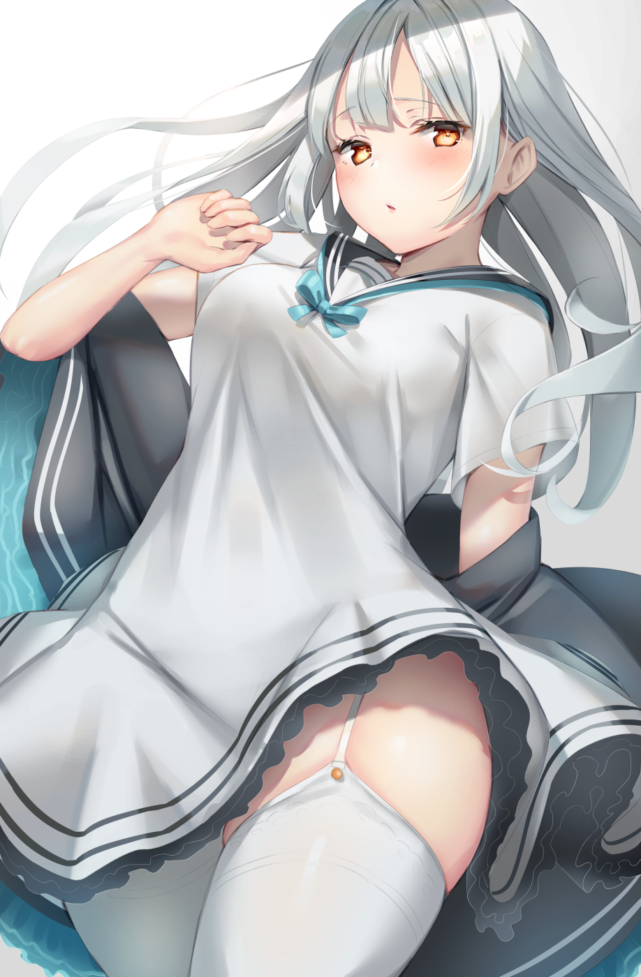 1girl bangs black_sailor_collar blue_bow blush bow breasts commentary_request dress eyebrows_visible_through_hair garter_straps grey_background hand_up highres long_hair looking_at_viewer medium_breasts original parted_lips red_eyes reinama sailor_collar sailor_dress short_sleeves sidelocks silver_hair solo thigh-highs white_background white_dress white_legwear