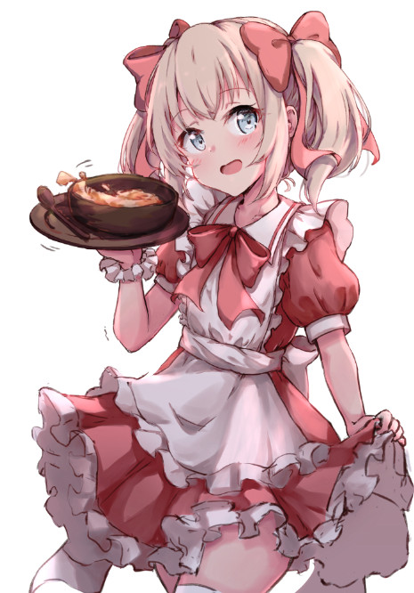 1girl :d apron blush bow bowl collared_dress commentary_request cowboy_shot dress food frilled_apron frilled_dress frills hair_bow hakuya_(white_night) hand_up holding latina_(uchi_no_musume_no_tame_naraba) light_brown_hair maid_apron open_mouth pleated_dress puffy_short_sleeves puffy_sleeves red_bow red_dress short_sleeves simple_background skirt_hold smile solo spoon thigh-highs twintails uchi_no_musume_no_tame_naraba_ore_wa_moshikashitara_maou_mo_taoseru_kamo_shirenai. white_apron white_background white_legwear