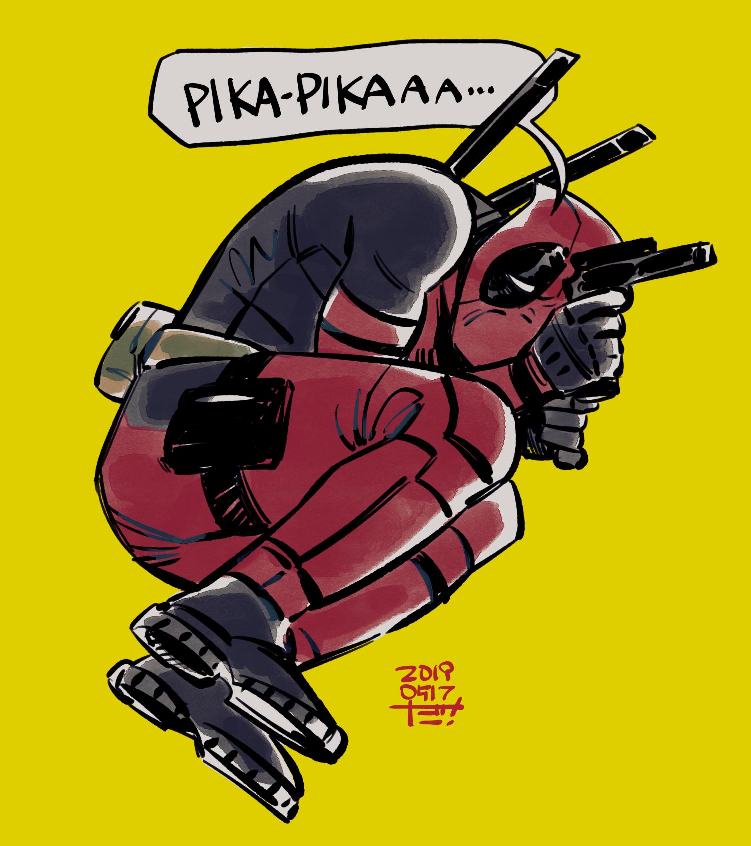 1boy artist_name belt black_footwear black_gloves bodysuit boots creatures_(company) cup dam_(okdam3) dated deadpool detective_pikachu detective_pikachu_(series) disney dual_wielding english_text from_above game_freak gloves gun handgun highres holding holding_cup holding_gun holding_weapon long_sleeves lying male_focus marvel nintendo on_side pokemon red_bodysuit ryan_reynolds seiyuu_connection seiyuu_joke signature simple_background solo speech_bubble sword toho_corp. utility_belt voice_actor_connection voice_actor_joke warner_bros weapon yellow_background