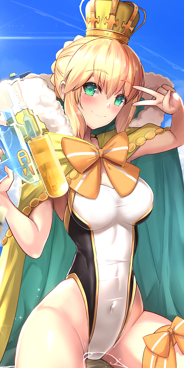 1girl ahoge artoria_pendragon_(all) blonde_hair blush bow braid breasts cape closed_mouth commentary_request competition_swimsuit covered_navel cowboy_shot crown crown_braid day eyebrows_visible_through_hair fate/grand_order fate_(series) fur-trimmed_cape fur_trim green_eyes highres holding_water_gun looking_at_viewer medium_breasts one-piece_swimsuit orange_bow orange_ribbon ribbon saber smile solo swimsuit taut_clothes taut_swimsuit thigh_ribbon thighs untsue v v_over_eye water_gun yellow_cape