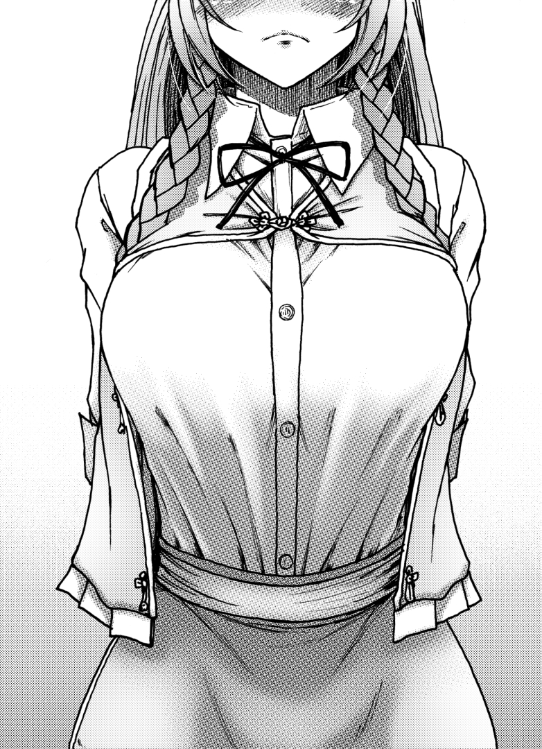 1girl :&lt; arms_behind_back belt blush braid breasts chinese_clothes collared_shirt commentary commentary_request embarrassed gradient gradient_background greyscale hong_meiling jewelry koyubi_(littlefinger1988) large_breasts long_hair monochrome necklace no_eyes noren shirt simple_background sleeves_rolled_up solo tangzhuang touhou twin_braids unbuttoned upper_body