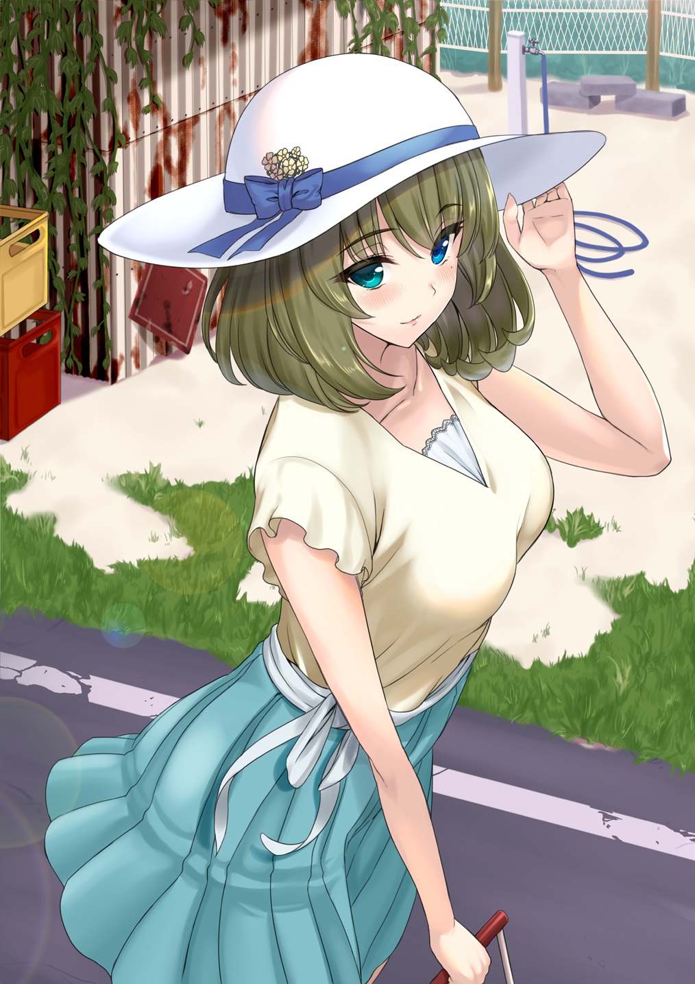 1girl bangs beige_shirt blue_eyes blush breasts brown_hair closed_mouth collarbone green_eyes green_skirt hat heterochromia highres idolmaster idolmaster_cinderella_girls looking_at_viewer medium_breasts mole mole_under_eye sengoku_aky short_hair shorts skirt smile solo sun_hat takagaki_kaede