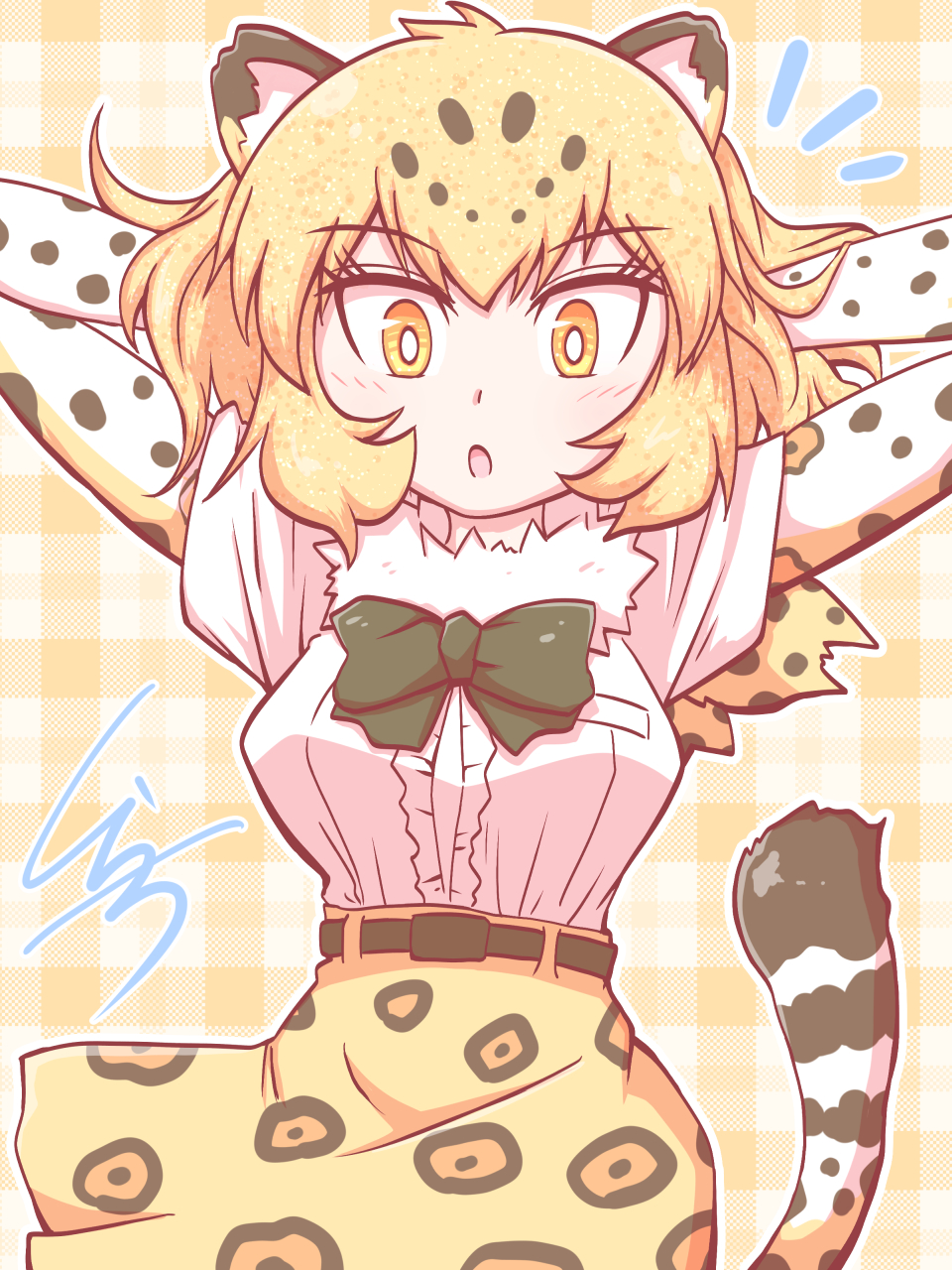 1girl :o animal_ears arms_behind_head bangs belt black_neckwear blonde_hair bow bowtie center_frills commentary_request elbow_gloves eyebrows_visible_through_hair fur_collar gloves high-waist_skirt highres jaguar_(kemono_friends) jaguar_ears jaguar_print jaguar_tail kemono_friends kurachi_mizuki looking_at_viewer outline plaid plaid_background print_gloves print_skirt shirt short_hair short_sleeves signature simple_background skirt solo tail white_outline white_shirt yellow_eyes