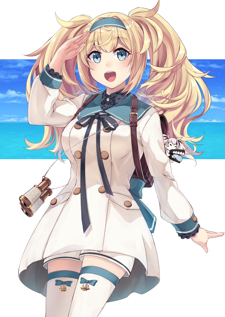 1girl backpack bag binoculars blonde_hair blue_eyes blue_hairband breasts commentary_request cowboy_shot dress enemy_lifebuoy_(kantai_collection) escort_water_hime gambier_bay_(kantai_collection) hairband highres ido_(teketeke) kantai_collection large_breasts open_mouth sailor_dress salute shinkaisei-kan smile solo thigh-highs twintails upper_teeth white_dress white_legwear