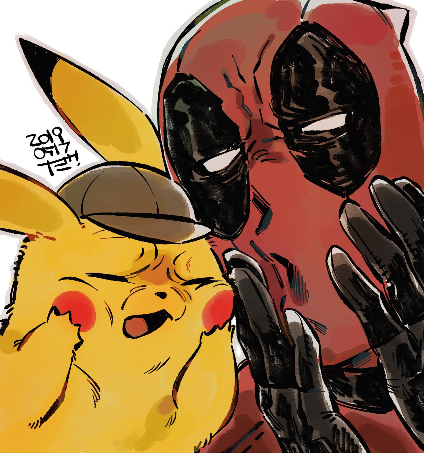 1boy 1other anti-hero artist_name black_gloves blush_stickers bodysuit brown_headwear closed_eyes creatures_(company) dam_(okdam3) dated deadpool deadpool_(movie) deerstalker detective_pikachu detective_pikachu_(movie) detective_pikachu_(series) disney frown game_freak gen_1_pokemon gloves hat highres human making_faces marvel mouse nintendo open_mouth pikachu pokemon pokemon_(creature) red_bodysuit ryan_reynolds seiyuu_connection signature simple_background toho_corp. voice_actor_connection warner_bros white_background