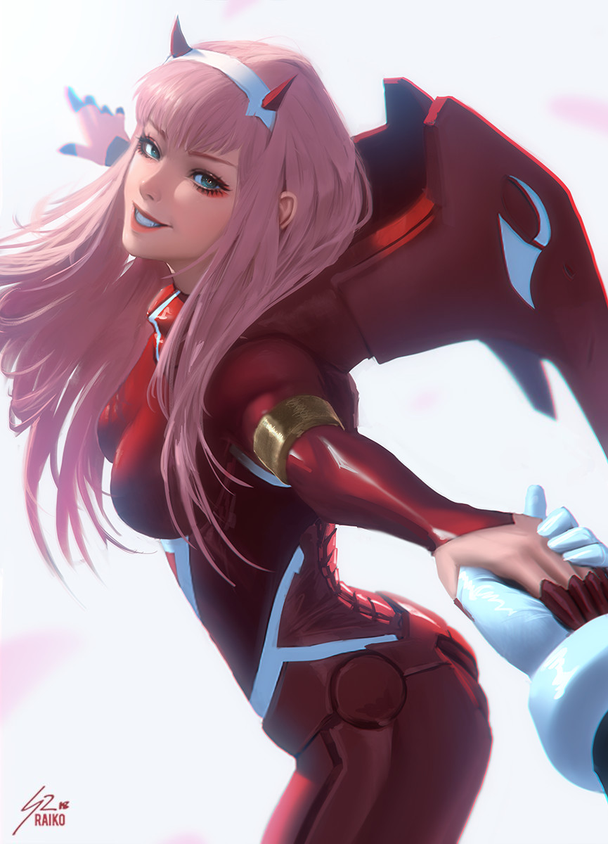 1girl 1other aqua_eyes armlet artist_name bodysuit breasts darling_in_the_franxx eyeshadow from_side green_eyes hairband happy highres holding_hand holding_hands horns long_hair looking_at_another makeup medium_breasts oni_horns out_of_frame outstretched_arms outstretched_hand pilot_suit pink_hair raikoart red_bodysuit red_horns revision shiny shiny_hair skin_tight smile solo_focus spread_arms straight_hair turning_head white_hairband zero_two_(darling_in_the_franxx)