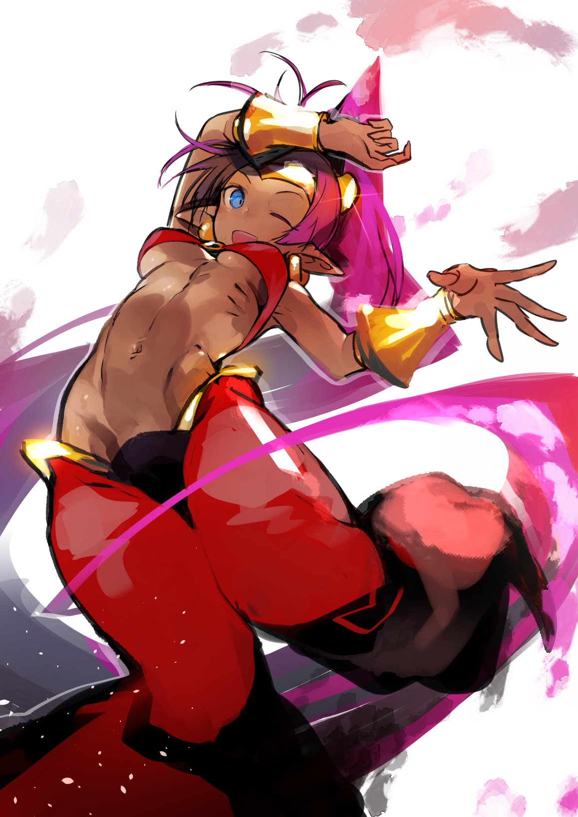 1girl abs abstract_background arm_guards arm_on_head arm_up blue_eyes breasts dancing harem_pants highres navel nishiide_kengorou one_eye_closed open_mouth pants pink_hair ponytail shantae_(character) shantae_(series) solo under_boob