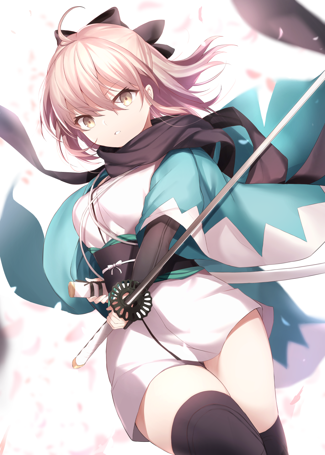 1girl ahoge bangs black_legwear black_scarf blush bow breasts cherry_blossoms fate/grand_order fate_(series) fighting_stance fingernails hair_between_eyes hair_bow hair_ornament highres holding holding_sword holding_weapon japanese_clothes katana kimono koha-ace long_hair long_sleeves looking_at_viewer maosame obi okita_souji okita_souji_(fate) okita_souji_(fate)_(all) open_mouth petals pink_eyes pink_hair pink_nails sash scarf sheath sheathed short_kimono simple_background solo sword thigh-highs weapon white_background white_kimono wide_sleeves wind