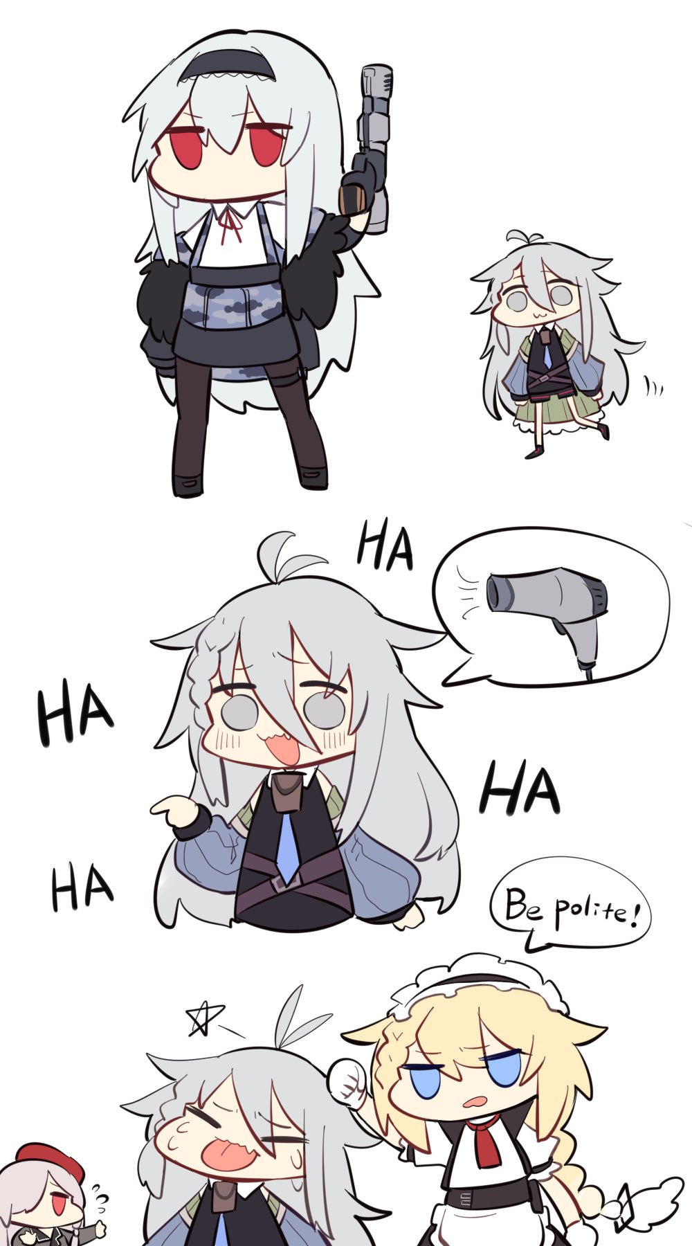 4girls beret english_text g36_(girls_frontline) g36c_(girls_frontline) girls_frontline gloves gun hair_dryer handgun hat highres hitting laughing maid maid_headdress multiple_girls no_mouth siblings sisters speech_bubble thunder_(girls_frontline) weapon xm8_(girls_frontline) zocehuy
