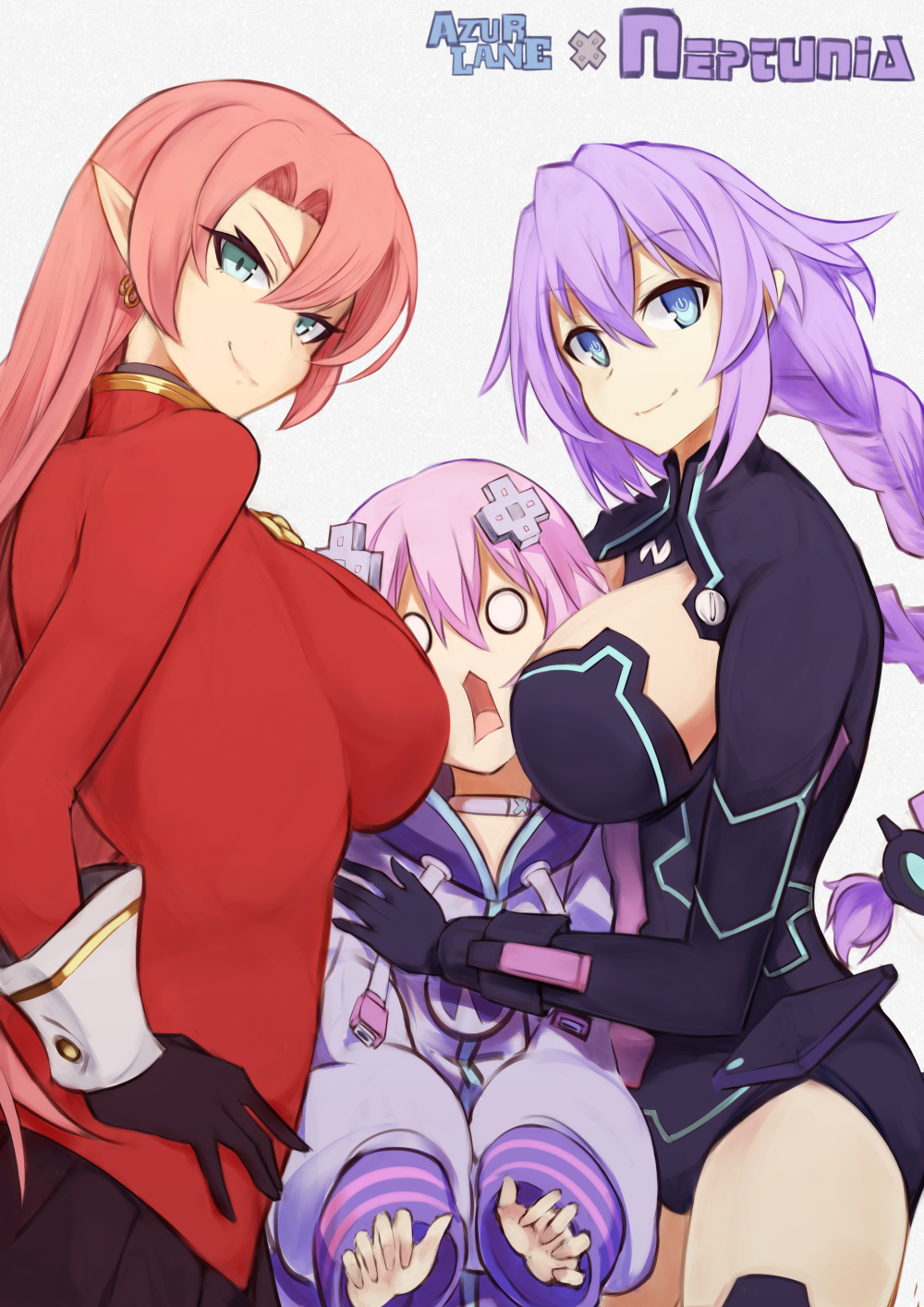 1girl 3girls azur_lane black_gloves blue_eyes blush braid breast_press breasts choker copyright_name d-pad d-pad_hair_ornament duke_of_york_(azur_lane) eyebrows eyebrows_visible_through_hair girl_sandwich gloves hair_ornament highres large_breasts long_hair looking_at_viewer marshall2033 multiple_girls neptune_(series) parka pink_hair pleated_skirt pointy_ears power_symbol purple_hair purple_heart sandwiched seiyuu_connection skirt smile symbol-shaped_pupils tanaka_rie twin_braids