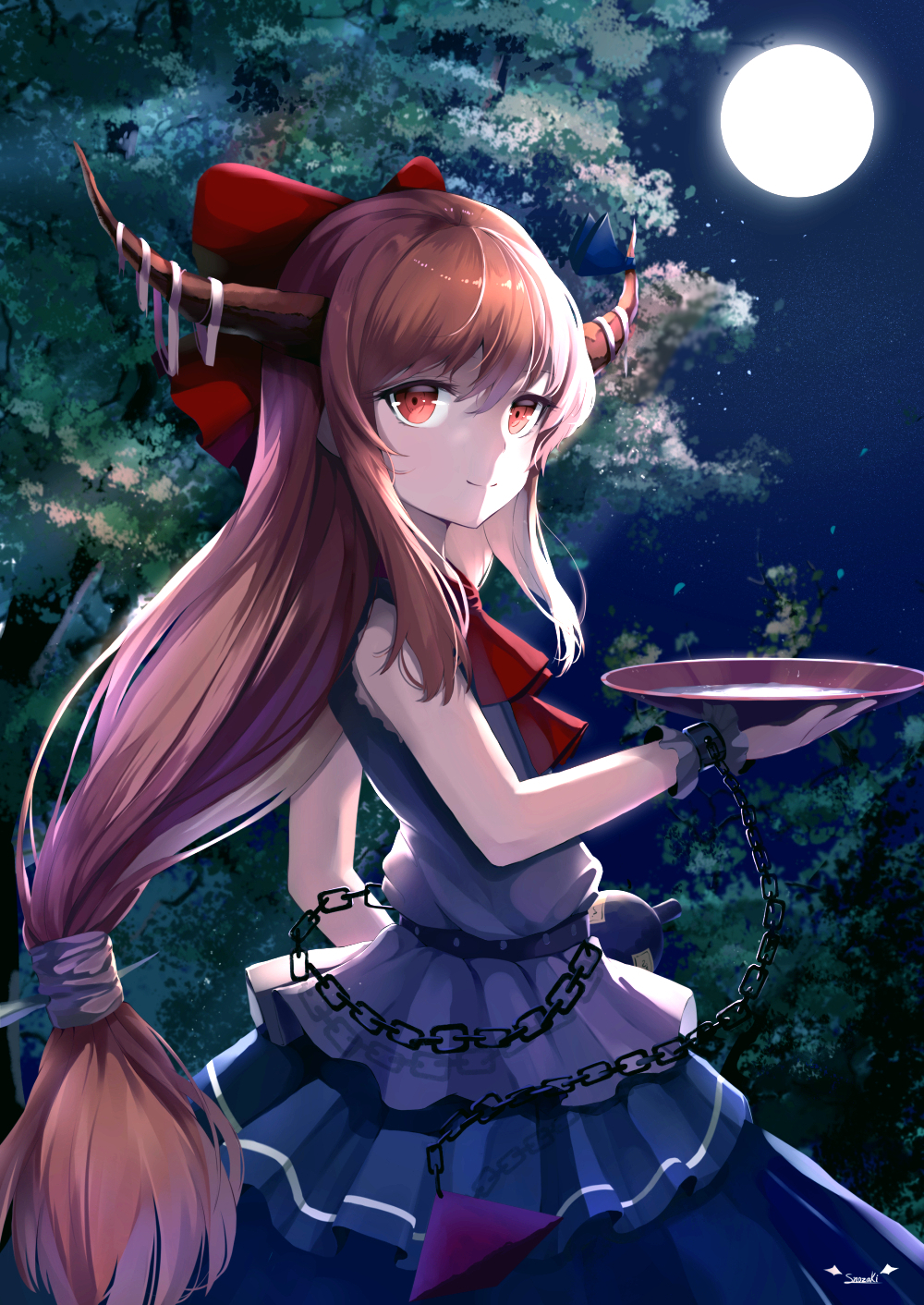 1girl alcohol artist_name bangs bare_arms bare_shoulders belt black_belt blue_ribbon blue_skirt bow brown_hair chain chinese_commentary commentary_request cowboy_shot cuffs cup full_moon hair_between_eyes hair_bow highres holding holding_cup horn_ribbon ibuki_suika long_hair looking_at_viewer low-tied_long_hair moon night night_sky oni oni_horns outdoors red_bow red_eyes ribbon sakazuki sake shackles shirt sidelocks signature skirt sky sleeveless sleeveless_shirt smile snozaki solo standing touhou tree very_long_hair white_shirt wrist_cuffs