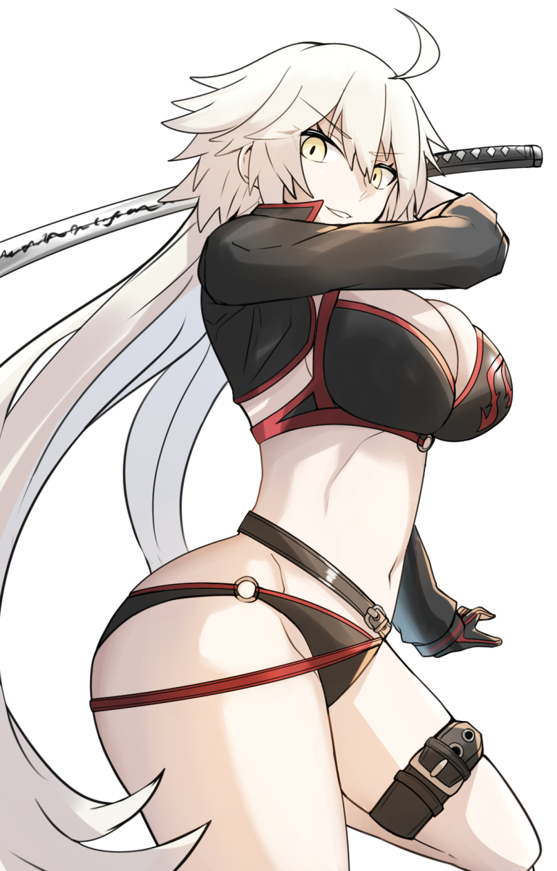 1girl ahoge bikini black_bikini black_gloves breasts commentary_request fate/grand_order fate_(series) gin_moku gloves highres holding holding_sword holding_weapon jeanne_d'arc_(alter_swimsuit_berserker) jeanne_d'arc_(fate)_(all) large_breasts leg_belt long_hair long_sleeves looking_at_viewer navel o-ring o-ring_bikini parted_lips shrug_(clothing) silver_hair simple_background solo swimsuit sword teeth very_long_hair weapon white_background yellow_eyes