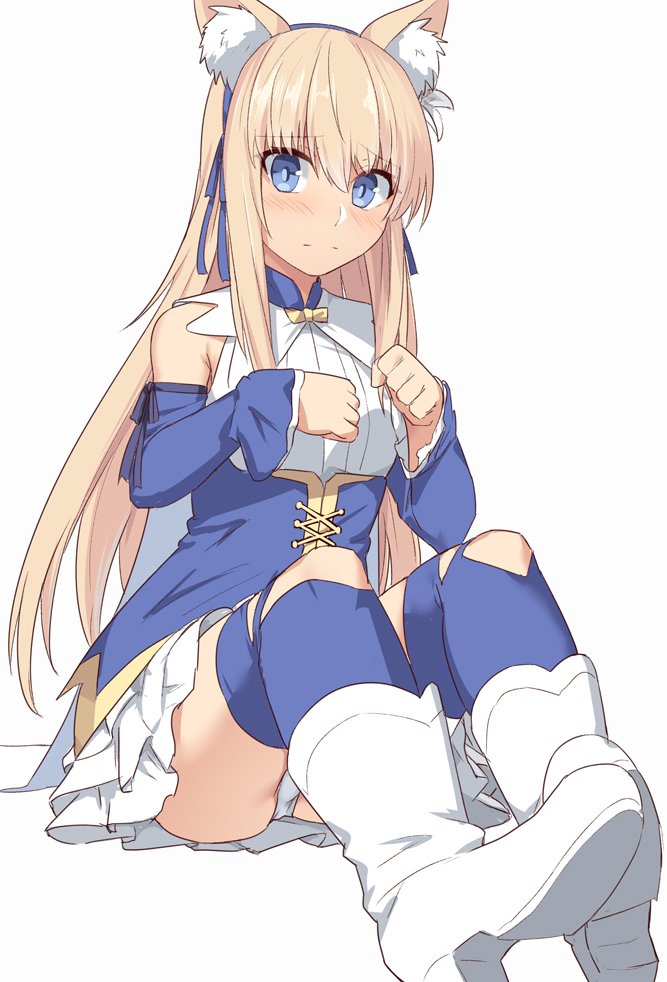 1girl animal_ears bangs bare_shoulders blonde_hair blue_dress blue_eyes blue_legwear blue_ribbon blush boots breasts cat_ears character_request commentary_request copyright_request dress eyebrows_visible_through_hair frown long_hair looking_at_viewer panties ribbon shiseki_hirame simple_background skirt small_breasts solo thigh-highs underwear white_background white_footwear white_panties white_skirt
