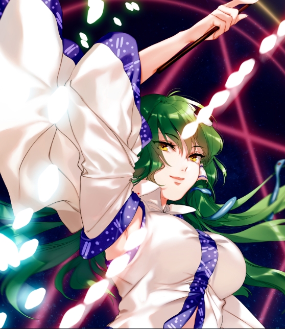 1girl alternate_eye_color arm_up armpits bangs breasts commentary_request danmaku detached_sleeves eyebrows_visible_through_hair frog_hair_ornament green_hair hair_ornament hair_tubes holding hug_(yourhug) kochiya_sanae large_breasts long_hair long_sleeves looking_at_viewer magical_girl smile snake_hair_ornament solo touhou upper_body wide_sleeves wing_collar yellow_eyes