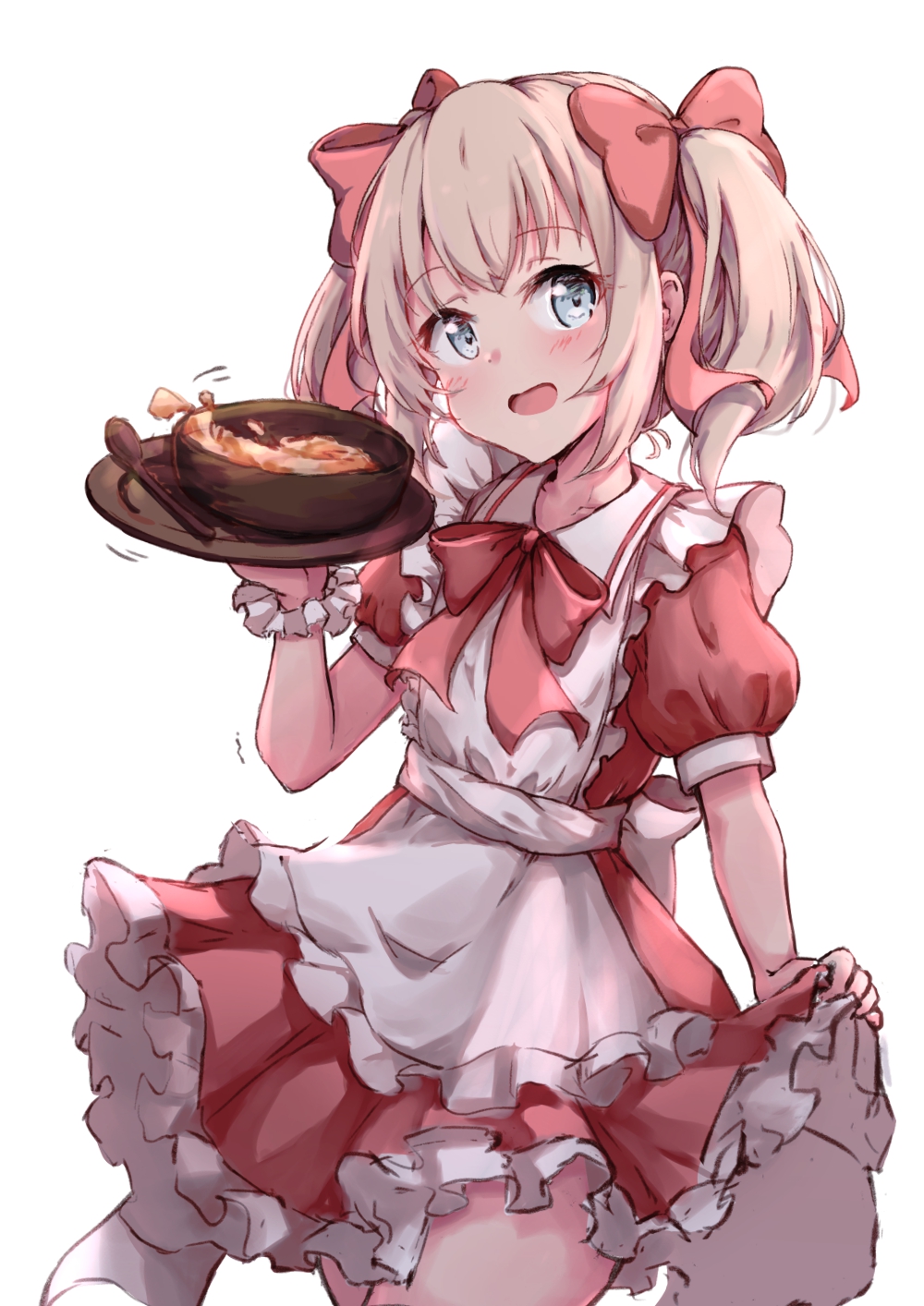 1girl :d apron blush bow bowl collared_dress commentary_request cowboy_shot dress food frilled_apron frilled_dress frills hair_bow hakuya_(white_night) hand_up highres holding latina_(uchi_no_musume_no_tame_naraba) light_brown_hair maid_apron open_mouth pleated_dress puffy_short_sleeves puffy_sleeves red_bow red_dress revision short_sleeves simple_background skirt_hold smile solo spoon thigh-highs twintails uchi_no_musume_no_tame_naraba_ore_wa_moshikashitara_maou_mo_taoseru_kamo_shirenai. white_apron white_background white_legwear