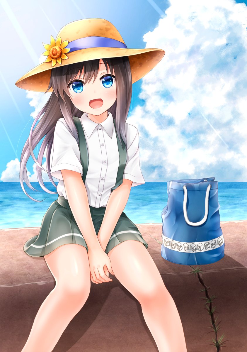 1girl asashio_(kantai_collection) bag bangs black_hair blue_eyes blush buttons clouds comiching day eyebrows_visible_through_hair flower hat hat_flower highres kantai_collection long_hair ocean open_mouth outdoors pleated_skirt shirt short_sleeves sitting skirt sky solo sun_hat suspender_skirt suspenders water white_shirt
