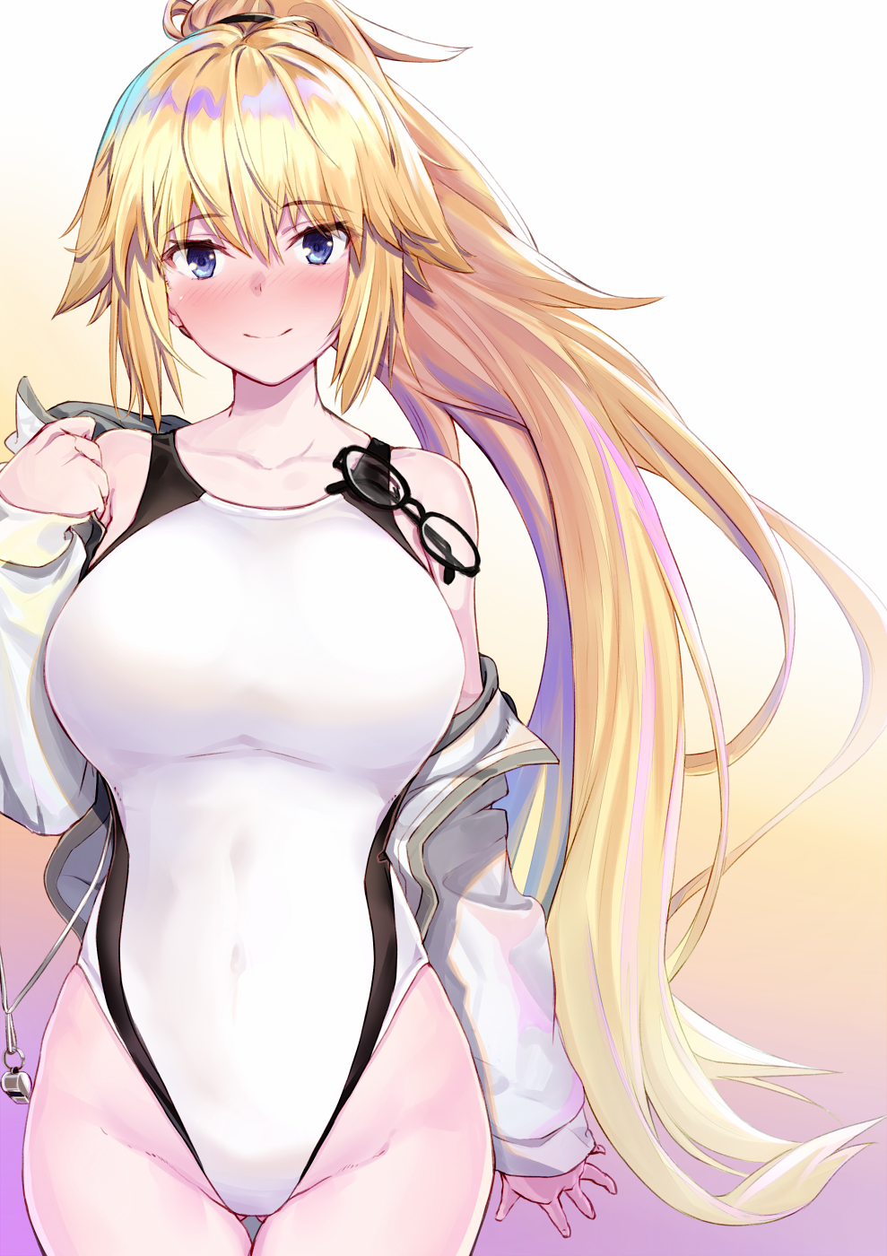 1girl bangs bare_shoulders blush breasts closed_mouth competition_swimsuit fate/grand_order fate_(series) hair_between_eyes highres jacket jeanne_d'arc_(fate)_(all) jeanne_d'arc_(swimsuit_archer) large_breasts long_hair looking_at_viewer ninoude_(ninoude44) one-piece_swimsuit open_clothes open_jacket ponytail smile solo swimsuit very_long_hair white_jacket white_swimsuit