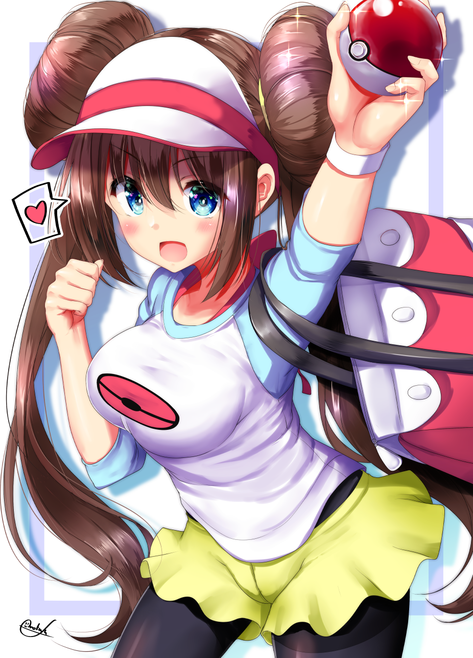 1girl bag bangs black_legwear blue_eyes blush bow breasts brown_hair collarbone cowboy_shot double_bun eyebrows_visible_through_hair hair_between_eyes heart highres holding holding_poke_ball impossible_clothes impossible_shirt large_breasts legwear_under_shorts long_hair looking_at_viewer mei_(pokemon) mokufuu open_mouth outstretched_arm pantyhose pink_bow poke_ball pokemon pokemon_(game) pokemon_bw2 raglan_sleeves shirt shorts signature simple_background solo speech_bubble spoken_heart twintails very_long_hair visor_cap
