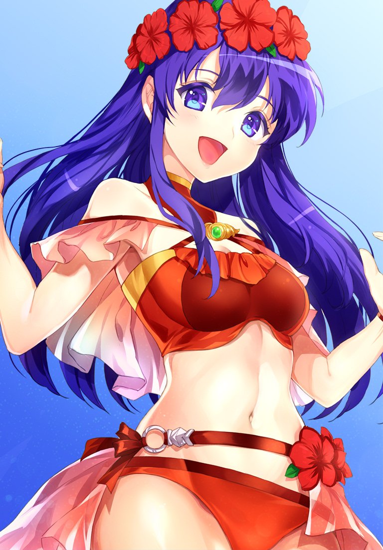 1girl bikini blue_background blue_eyes blue_hair fire_emblem fire_emblem:_the_binding_blade fire_emblem_heroes gradient gradient_background head_wreath jurge lilina long_hair navel open_mouth red_swimsuit simple_background solo swimsuit