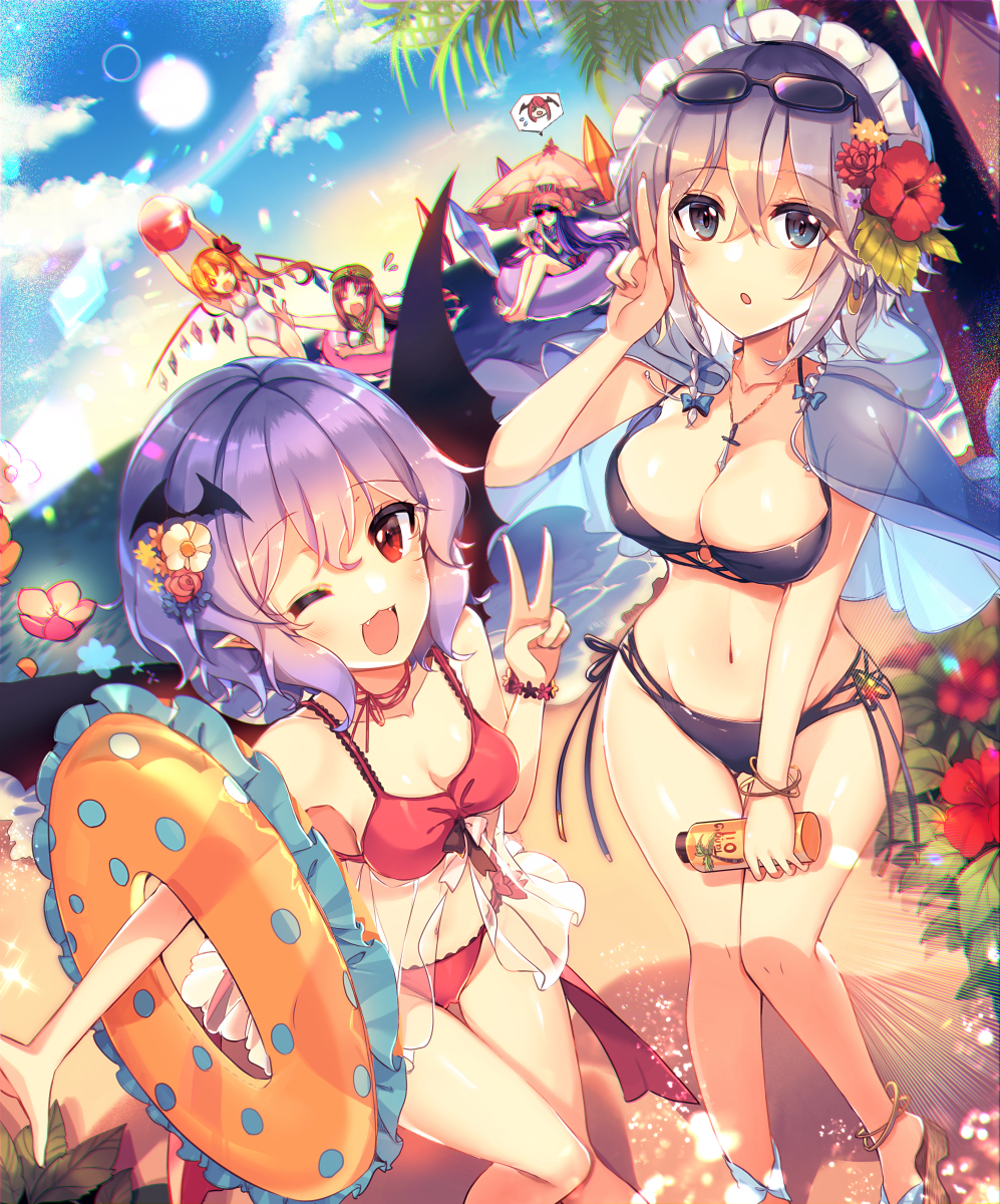 5girls :3 :o ;d ahoge arms_up babydoll ball bangle bangs bare_arms bare_legs bare_shoulders barefoot bat_hair_ornament bat_wings beach beachball beret bikini blue_bow blue_capelet blue_eyes blue_sky blush bow bracelet braid breasts capelet clouds commentary_request crystal day earrings eyebrows_visible_through_hair eyewear_on_head fangs feet_out_of_frame flandre_scarlet flower flying_sweatdrops green_headwear hair_between_eyes hair_bow hair_flower hair_ornament hand_up hat hibiscus highres holding holding_ball hong_meiling hood hooded_capelet innertube izayoi_sakuya jewelry kirero koakuma large_breasts lavender_hair leaf lens_flare looking_at_viewer maid_headdress mob_cap multiple_girls navel necklace no_hat no_headwear ocean one-piece_swimsuit one_eye_closed open_mouth outdoors palm_tree parted_lips patchouli_knowledge pink_flower pink_headwear pointy_ears reaching_out red_bikini red_eyes red_flower remilia_scarlet sandals see-through short_hair silver_hair sitting sky smile standing stomach sunglasses swimsuit thighs touhou tree twin_braids umbrella v white_flower white_swimsuit wings