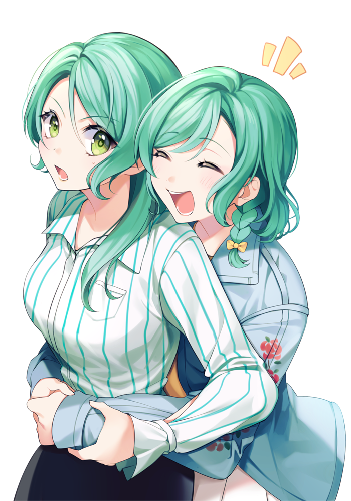 2girls :d ^_^ bang_dream! black_skirt blue_shirt bow breast_pocket closed_eyes collared_shirt commentary_request floral_print green_hair hair_between_eyes hair_bow hand_on_another's_arm hikawa_hina hikawa_sayo hug hug_from_behind long_hair long_sleeves minori_(faddy) multiple_girls notice_lines open_mouth pocket print_sleeves shirt short_hair siblings side_braids simple_background sisters skirt smile striped striped_shirt twins v-shaped_eyebrows vertical-striped_shirt vertical_stripes white_background white_shirt white_skirt wrist_cutout yellow_bow
