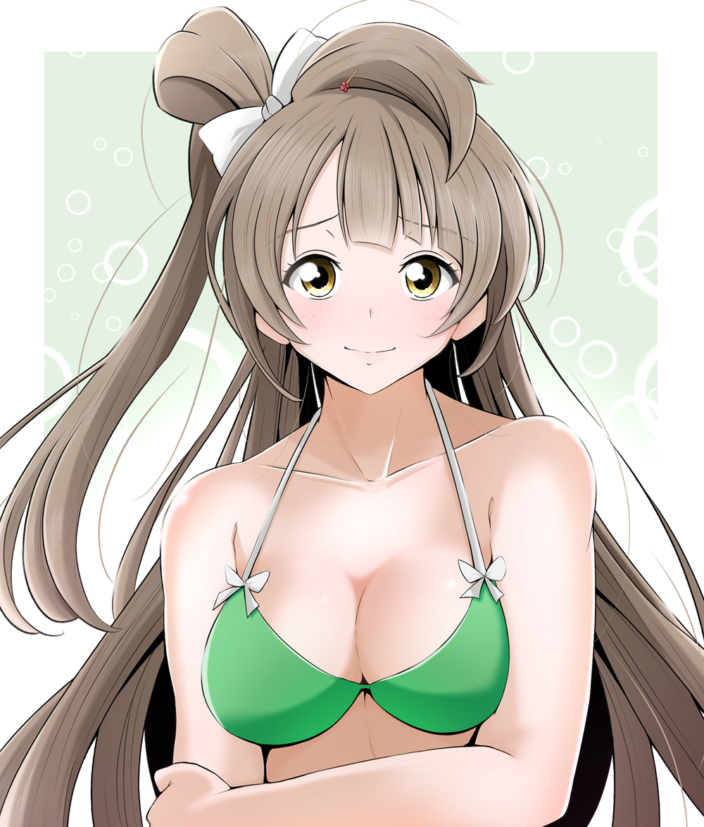 1girl bikini_top bow breasts brown_hair bubble_background closed_mouth collarbone commentary_request green_background green_bikini_top hair_bow kirisaki_reina long_hair looking_at_viewer love_live! love_live!_school_idol_project medium_breasts minami_kotori side_ponytail smile solo upper_body white_bow yellow_eyes