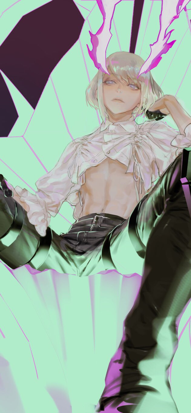 830_(hamio) belt black_gloves black_pants chest closed_mouth collared_shirt dress_shirt frilled_sleeves frills gloves green_hair half_gloves highres legs_apart lio_fotia male_focus pants promare shirt sitting throne toned toned_male violet_eyes