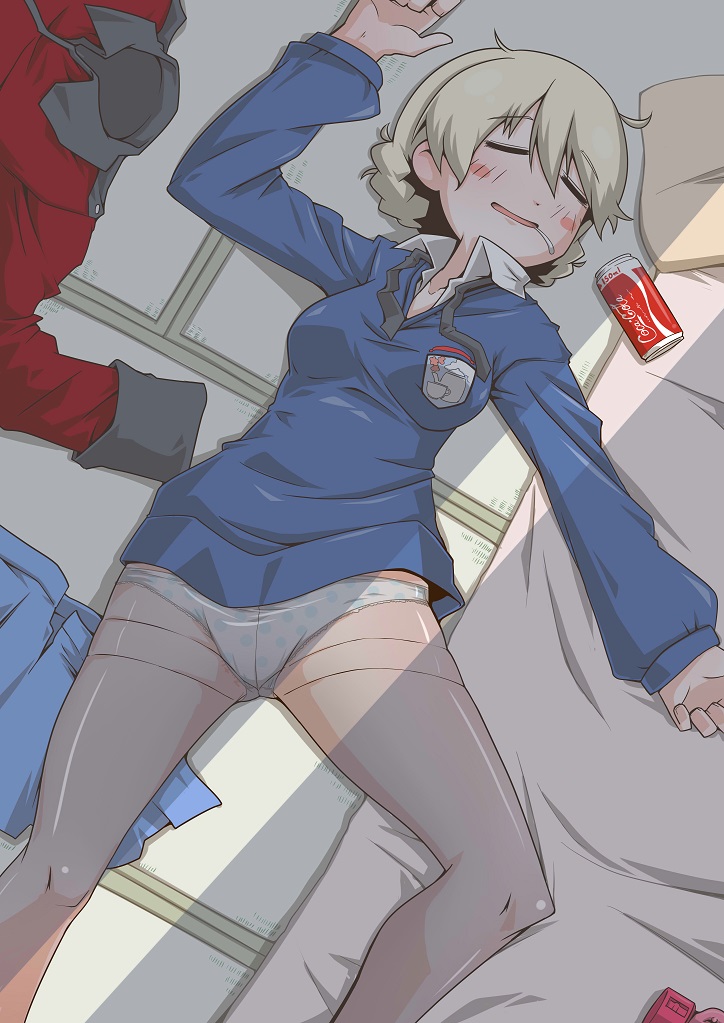 1girl bangs blonde_hair blush braid can closed_eyes coat coca-cola darjeeling emblem futon girls_und_panzer long_sleeves lying messy messy_sleeper necktie on_back open_mouth pantyhose pillow saliva school_uniform skirt skirt_removed sleeping smile solo st._gloriana's_(emblem) st._gloriana's_military_uniform st._gloriana's_school_uniform sweater tatami tied_hair zannen_na_hito