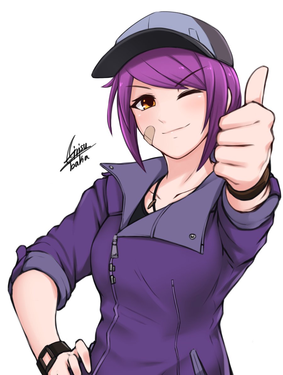 1girl airisubaka artist_name bangs baseball_cap breasts brown_eyes collarbone commentary eyebrows_visible_through_hair hat leah_(airisubaka) long_hair looking_at_viewer medium_breasts one_eye_closed original purple_hair signature simple_background smile solo thumbs_up upper_body white_background yellow_eyes