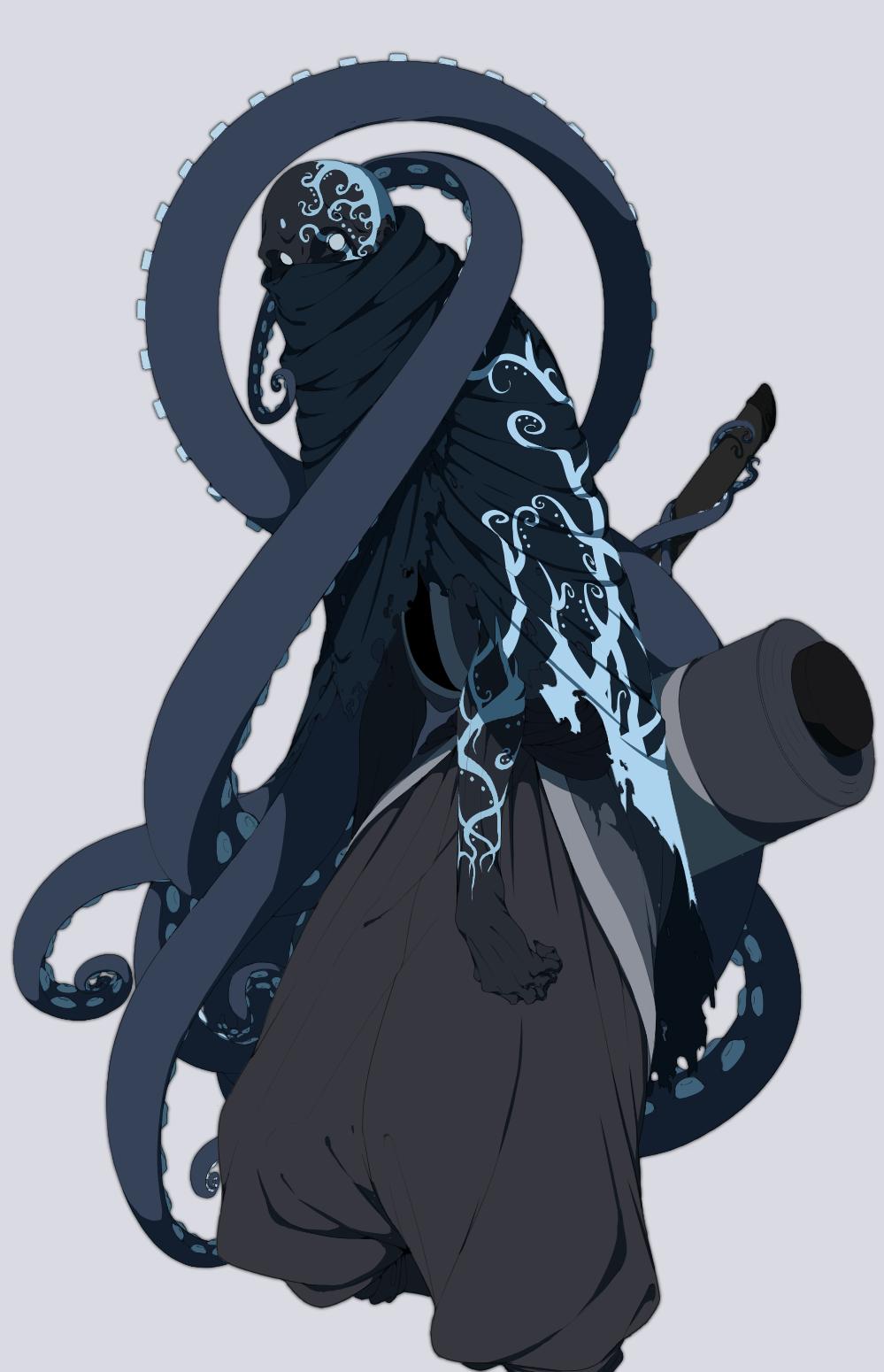 1boy abata10 animal arm_tattoo black_legwear black_skin covering_mouth grey_background highres katana monster octopus original scabbard scroll sheath simple_background solo sword tattoo tentacles torn_clothes weapon