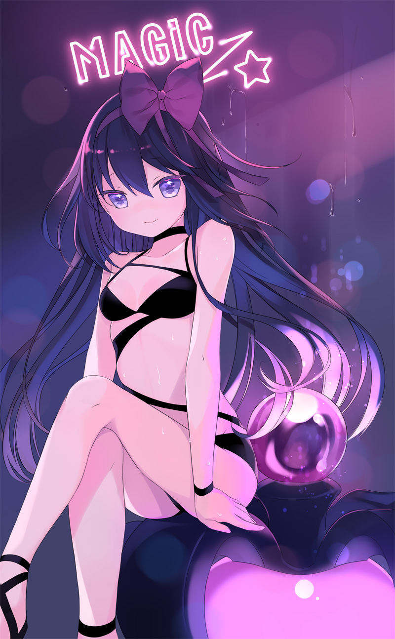 1girl akemi_homura arm_support bangs bare_arms bare_shoulders bikini black_bikini black_choker black_footwear breasts choker closed_mouth collarbone commentary_request crossed_legs english_text eyebrows_visible_through_hair feet_out_of_frame glowing hair_between_eyes highres hinayuki_usa long_hair looking_at_viewer magia_record:_mahou_shoujo_madoka_magica_gaiden mahou_shoujo_madoka_magica neon_lights purple_hair sitting small_breasts smile solo star swimsuit very_long_hair violet_eyes water