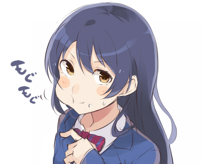 1girl bangs blazer blue_hair blush bow bowtie commentary_request eating eyebrows_visible_through_hair food food_on_face hair_between_eyes jacket long_hair looking_at_viewer love_live! love_live!_school_idol_festival love_live!_school_idol_project otonokizaka_school_uniform pointing school_uniform simple_background solo sonoda_umi striped striped_neckwear totoki86 yellow_eyes