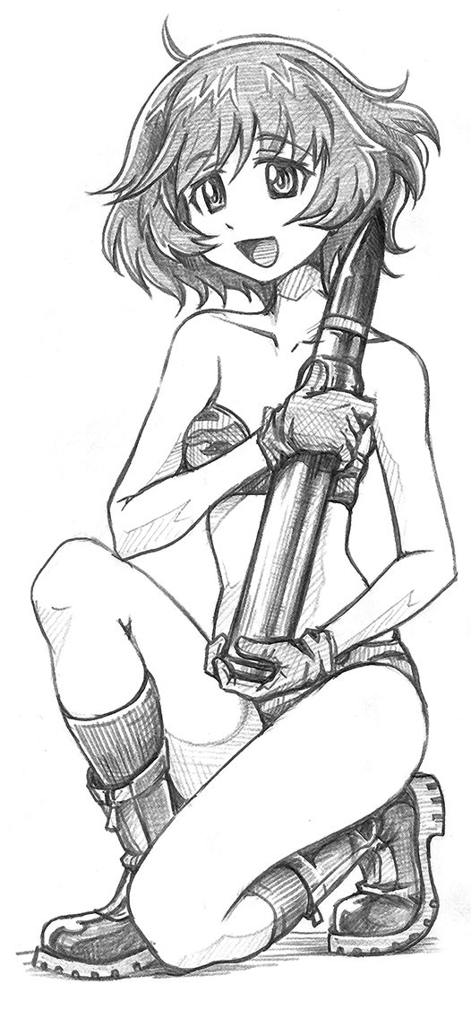 1girl akiyama_yukari bangs bare_shoulders bbb_(friskuser) bikini boots camouflage camouflage_bikini commentary eyebrows_visible_through_hair full_body girls_und_panzer gloves graphite_(medium) greyscale holding looking_at_viewer messy_hair monochrome one_knee open_mouth short_hair smile socks solo strapless strapless_bikini swimsuit tank_shell traditional_media zipper