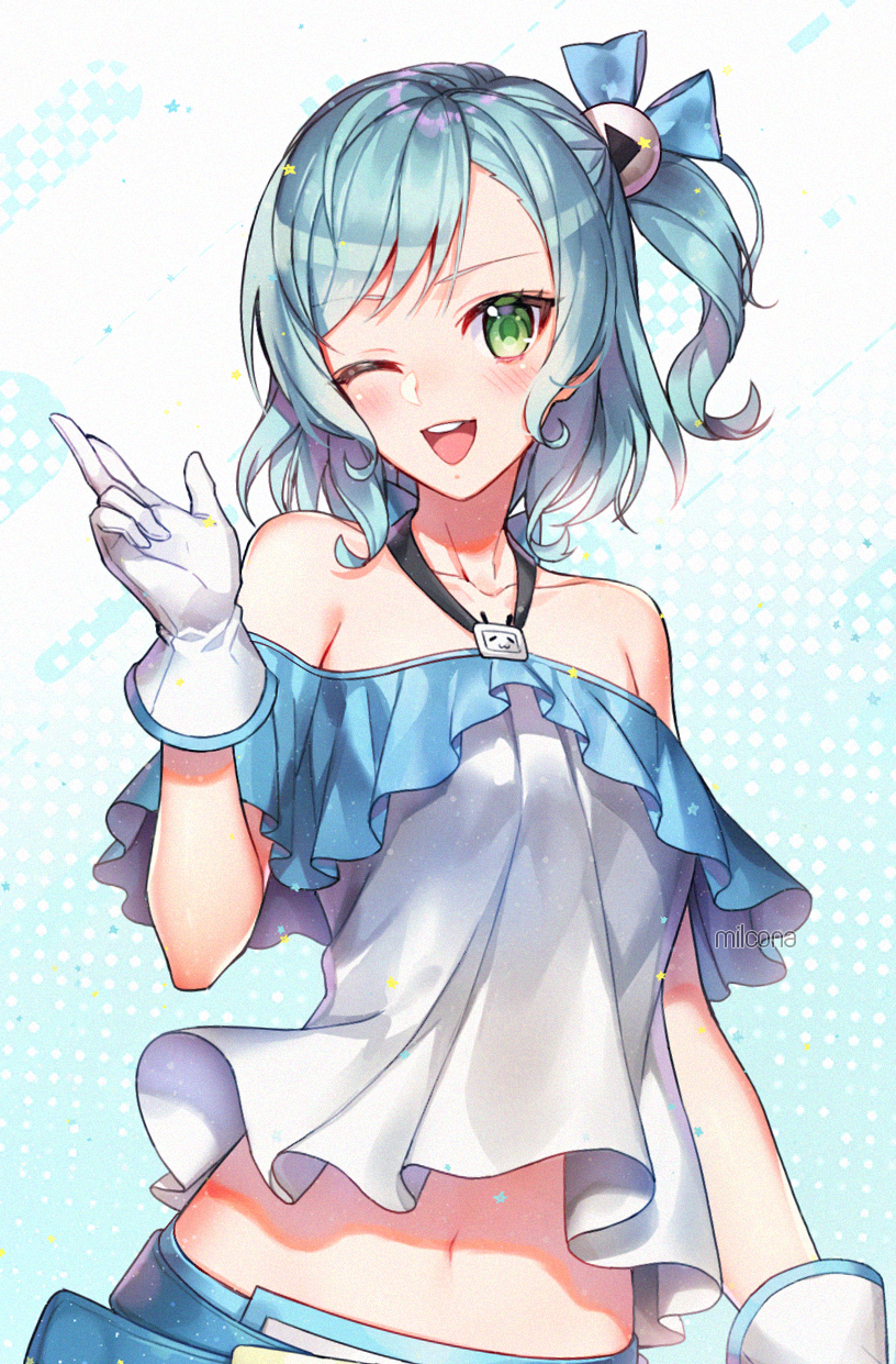 1girl ;d alternate_hairstyle aqua_background aqua_hair artist_name bang_dream! bilibili_douga blue_bow blush bow collarbone gloves green_eyes hair_bow hair_ornament halterneck highres hikawa_hina looking_at_viewer medium_hair milcona navel one_eye_closed one_side_up open_mouth play_button_(object) shirt smile solo upper_body white_gloves xiao_dianshi