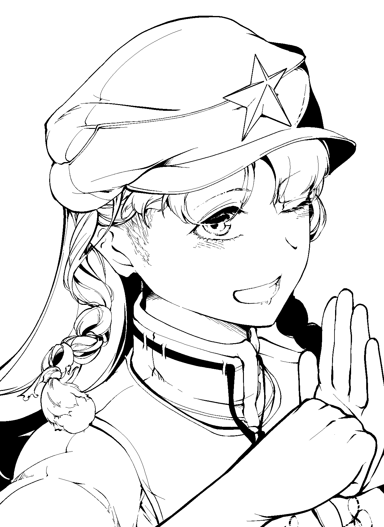 beret braid fist_in_hand greyscale hat highres hiyuu_(flying_bear) hong_meiling long_hair monochrome one_eye_closed open_mouth palm-fist_greeting side_braid simple_background smile solo star touhou twin_braids white_background