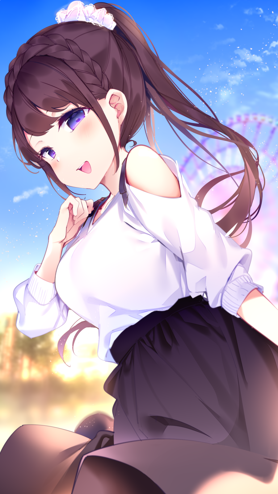 1girl bangs blue_sky blurry blurry_background blush braid breasts brown_hair brown_skirt chikuwa. clouds commentary_request crown_braid day depth_of_field eyebrows_behind_hair ferris_wheel hair_ornament hair_scrunchie high_ponytail highres long_hair long_sleeves looking_at_viewer looking_to_the_side medium_breasts original outdoors ponytail puffy_long_sleeves puffy_sleeves scrunchie shirt shoulder_cutout skirt sky solo very_long_hair violet_eyes white_scrunchie white_shirt