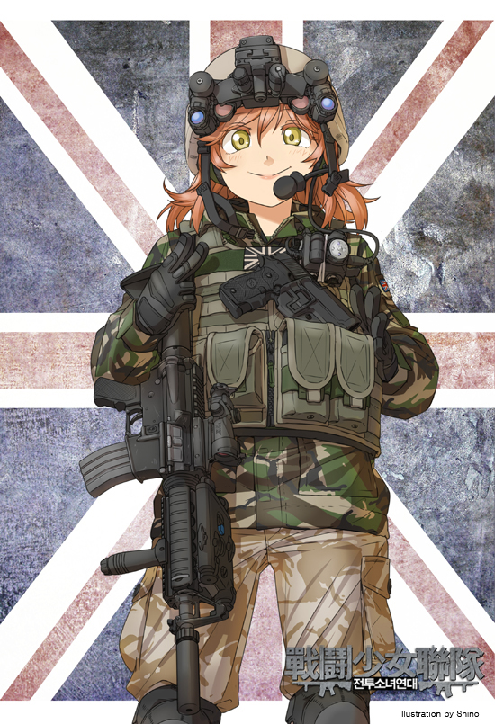 1girl assault_rifle camouflage combat_girls_regiment commentary_request foregrip gloves green_eyes gun handgun helmet korean_text load_bearing_vest looking_at_viewer m4_carbine military military_uniform orange_hair original pistol rifle shino_(r_shughart) smile solo uniform union_jack v weapon