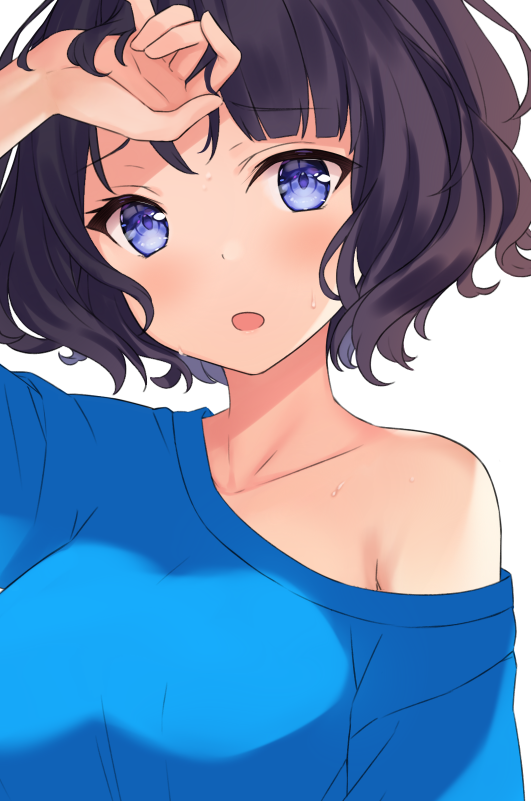 1girl arm_up bangs bare_shoulders black_hair blue_eyes blue_shirt blush breasts commentary english_commentary eyebrows_visible_through_hair fate/grand_order fate_(series) hitsukuya katsushika_hokusai_(fate/grand_order) looking_at_viewer medium_breasts off_shoulder parted_lips shirt short_hair simple_background solo sweat upper_body white_background work_in_progress