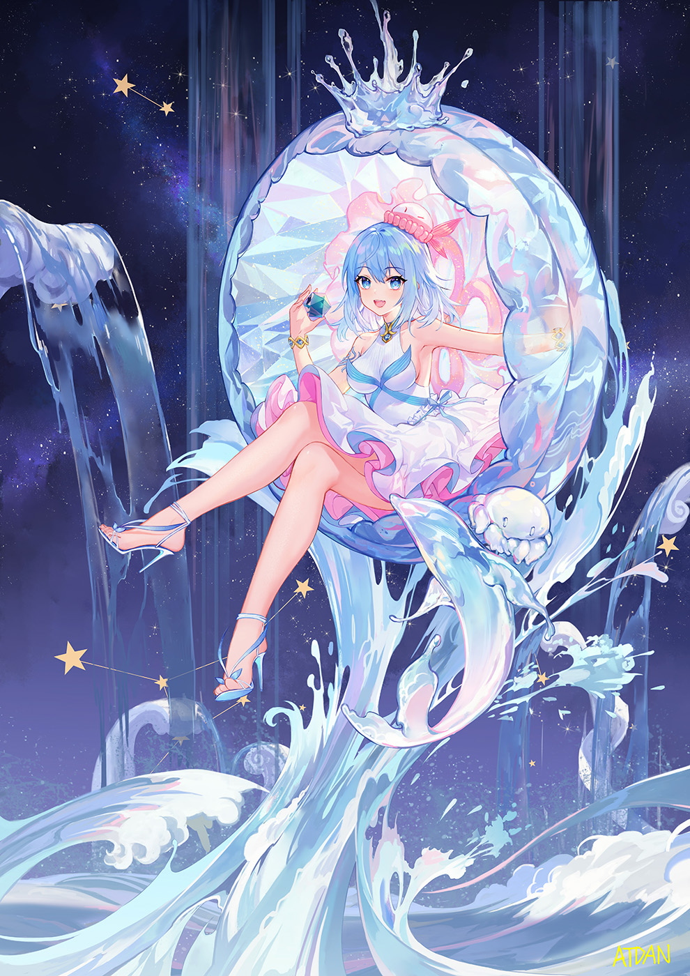 1girl :d armpits artist_name atdan bare_arms bare_legs bare_shoulders blue_eyes blue_hair bracelet breasts commentary crossed_legs dress haiyi hat high_heels highres holding jellyfish jewelry large_breasts long_hair looking_at_viewer open_mouth sitting sleeveless sleeveless_dress smile solo star synthesizer_v water white_dress