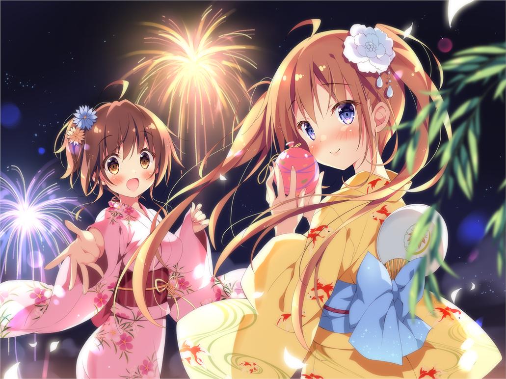 2girls :d aerial_fireworks ahoge animal_print back_bow bangs blue_bow blue_flower blurry blurry_foreground blush bow breasts brown_eyes brown_footwear brown_hair closed_mouth commentary_request depth_of_field eyebrows_visible_through_hair fan fingernails fireworks fish_print floral_print flower goldfish_print hair_between_eyes hair_flower hair_ornament hands_up holding japanese_clothes kimono long_hair long_sleeves medium_breasts multiple_girls night night_sky obi open_mouth original outdoors outstretched_arm pan_(mimi) paper_fan pink_kimono print_kimono sash short_hair sky sleeves_past_wrists smile twintails uchiwa very_long_hair violet_eyes white_flower wide_sleeves yellow_kimono