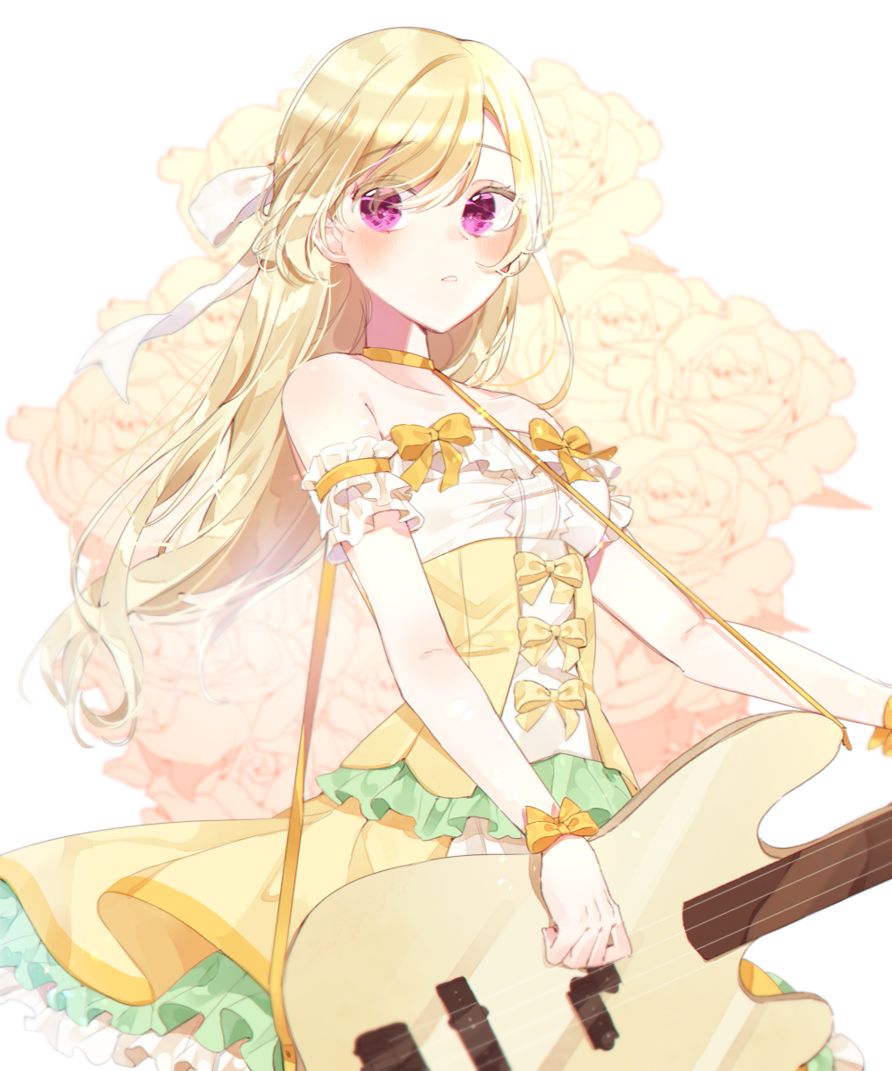 1girl bang_dream! bangs bare_shoulders bass_guitar blonde_hair blush choker commentary detached_sleeves dress floral_background frilled_sleeves frills hair_ribbon highres instrument long_hair music parted_lips patzzi playing_instrument ribbon shirasagi_chisato short_sleeves solo symbol_commentary violet_eyes wrist_ribbon yellow_choker yellow_dress yellow_ribbon