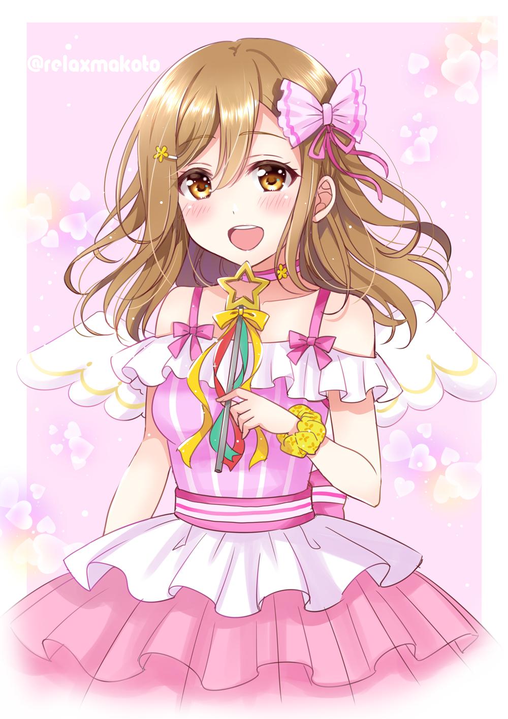 1girl :d bangs blush bow brown_eyes brown_hair choker commentary_request dress frilled_dress frills green_ribbon hair_bow hair_ornament hair_ribbon hairpin heart highres holding holding_wand kunikida_hanamaru love_live! love_live!_sunshine!! open_mouth pink_background pink_bow pink_choker pink_dress pink_ribbon print_scrunchie red_ribbon ribbon sakurai_makoto_(custom_size) scrunchie smile solo star striped twitter_username vertical_stripes wand white_wings wings wrist_scrunchie yellow_ribbon yellow_scrunchie