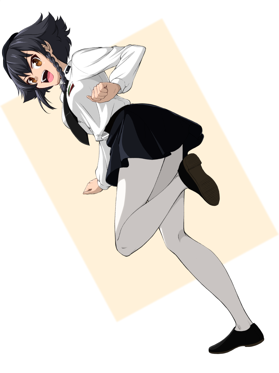 1girl :d anzio_school_uniform bangs belt beret black_belt black_footwear black_hair black_headwear black_neckwear black_skirt braid brown_eyes clenched_hands commentary dress_shirt dutch_angle emblem girls_und_panzer hat highres leg_up loafers long_sleeves looking_at_viewer looking_back miniskirt necktie open_mouth pantyhose pepperoni_(girls_und_panzer) pleated_skirt ruka_(piyopiyopu) school_uniform shirt shoes short_hair side_braid skirt smile solo standing standing_on_one_leg white_legwear white_shirt