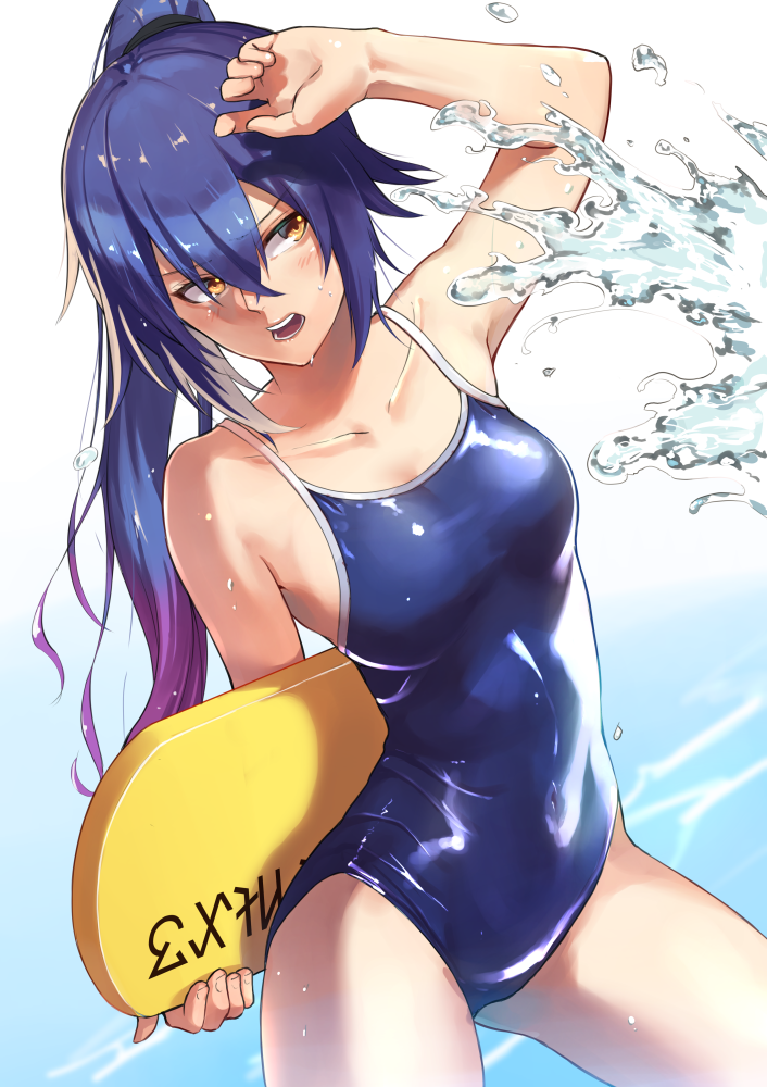 1girl arm_up blue_hair blue_swimsuit breasts collarbone covered_navel cowboy_shot eyebrows_visible_through_hair gradient_hair hair_between_eyes high_ponytail holding looking_to_the_side medium_breasts multicolored_hair open_mouth phantasy_star phantasy_star_online_2 purple_hair quna_(pso2) school_swimsuit shimozuki_shio shiny shiny_hair shiny_swimsuit sideboob solo standing swimsuit wet white_background yellow_eyes