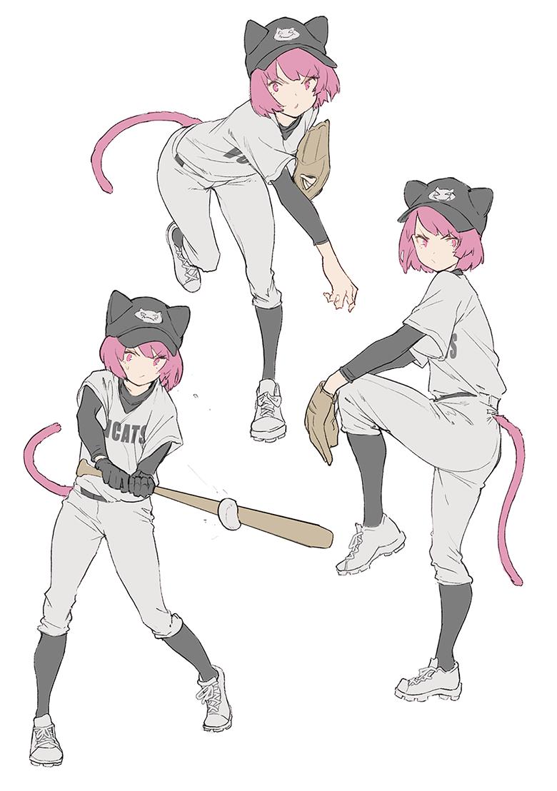 1girl animal_ears animal_hat baseball baseball_bat baseball_cap baseball_mitt baseball_uniform cat_ears cat_hat commentary_request hat holding_baseball_bat mogumo multiple_views original pink_eyes pink_hair pitching short_hair simple_background sportswear standing tail throwing white_background